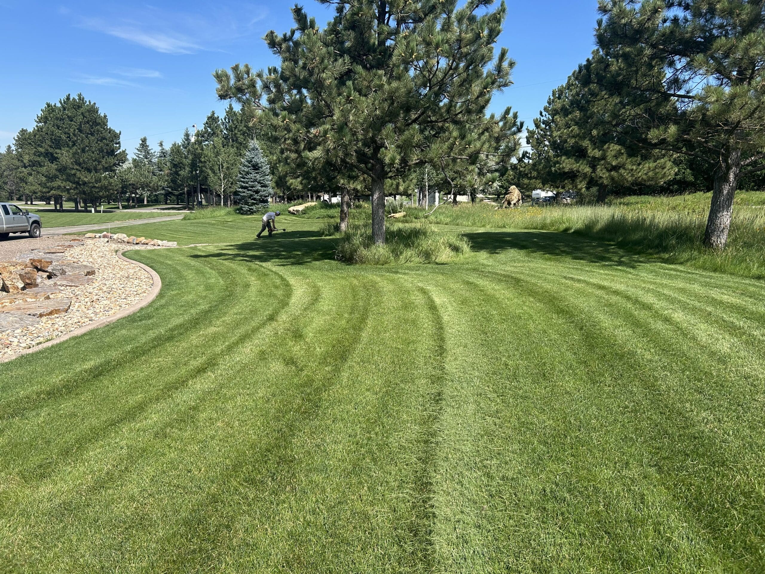 South Dakota Services mowing a residential lawn in Spearfish, SD with professional striping and landscape edging around trees and rock beds. Select 72 more words to run Humanizer.